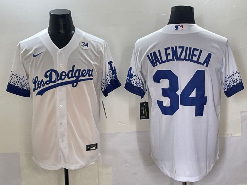 Men 2025 Los Angeles Dodgers #34 Valenzuela White blue City Edition Nike MLB Jersey style 7